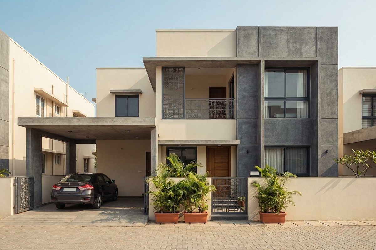 A completed modern house with car porch in a Salem District neighbourhood