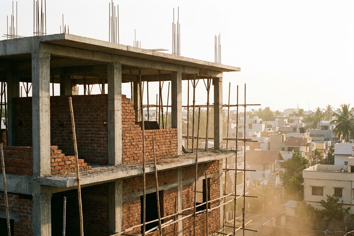 A concrete house frame with brick infill walls under construction