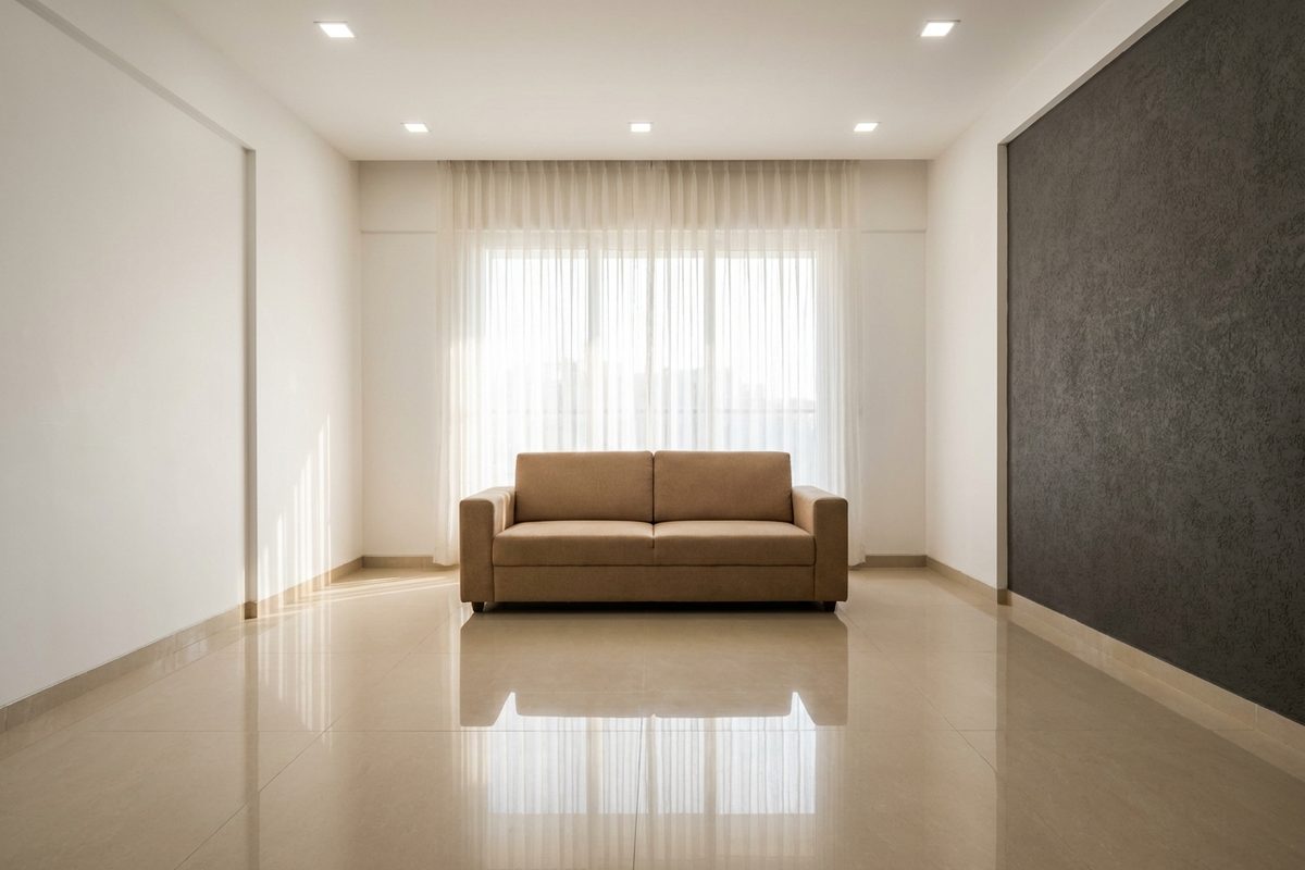 Newly finished bright living room with polished tile floor and charcoal accent wall