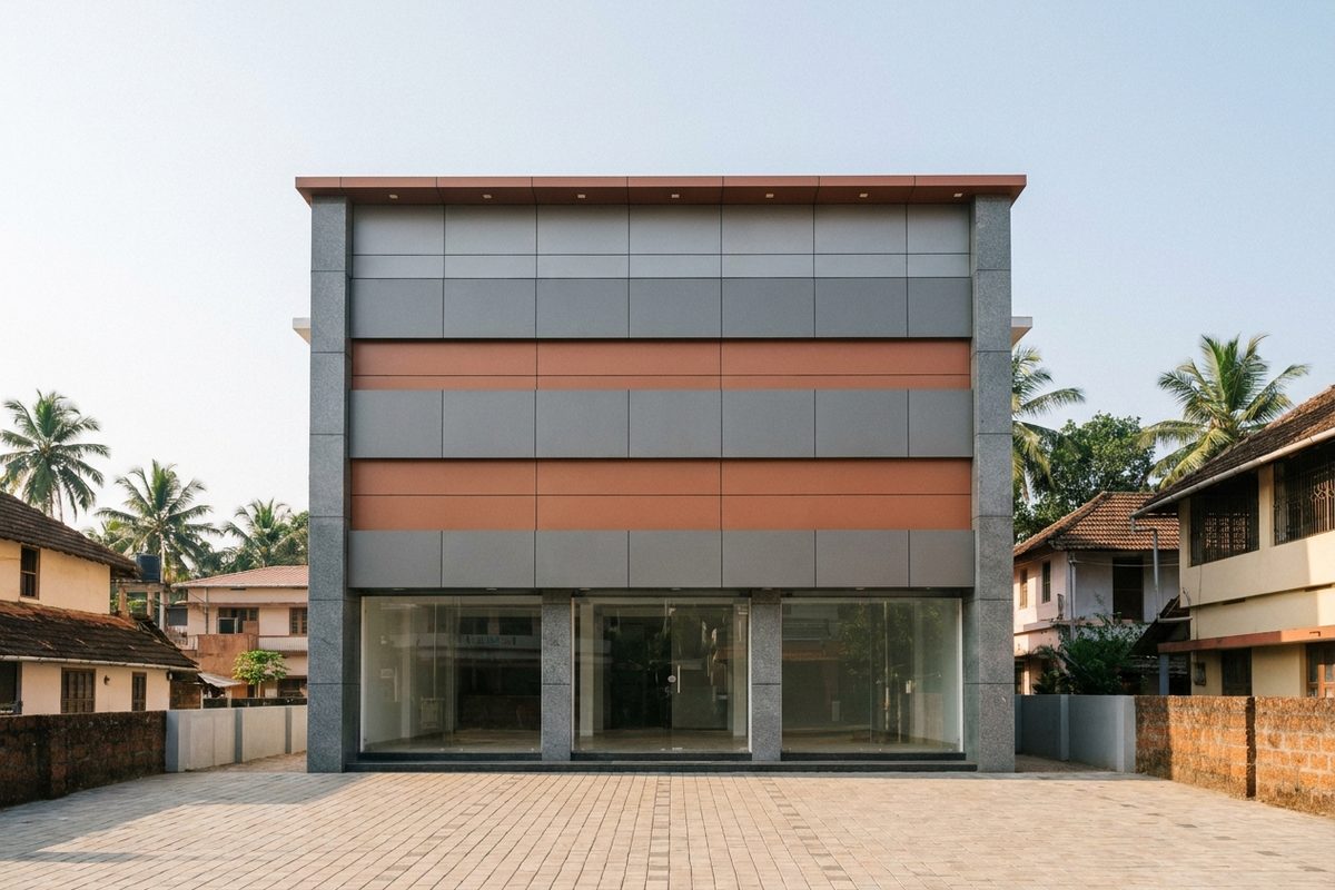 A completed three-storey commercial building in a South Indian town
