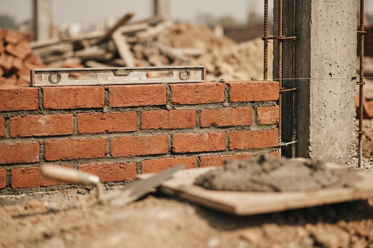 Close-up of freshly laid red brick masonry with a spirit level resting on top